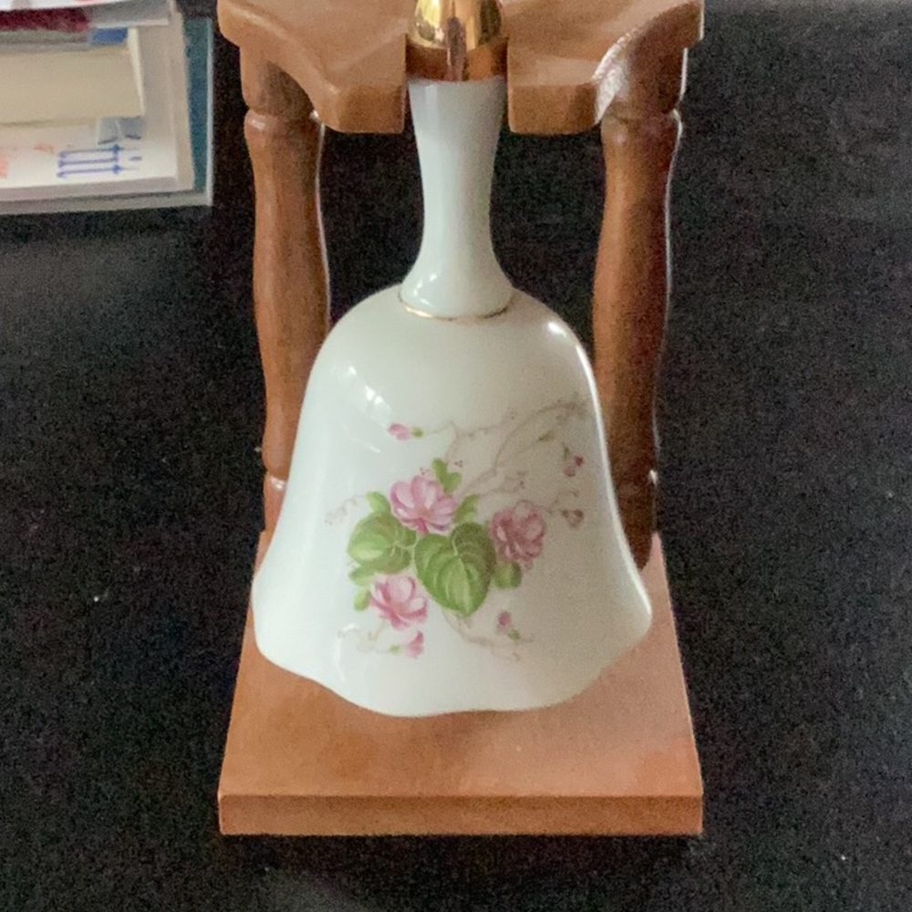 Vintage Lefton China hand painted Bell on wooden stand
